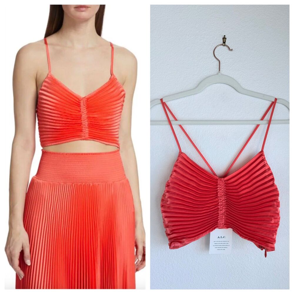 NWT A.L.C. Women's Ari Pleated Strappy Crop Bra Top in Spiced Coral Pink Size 4